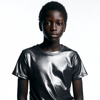 African boy in shiny silver t-shirt