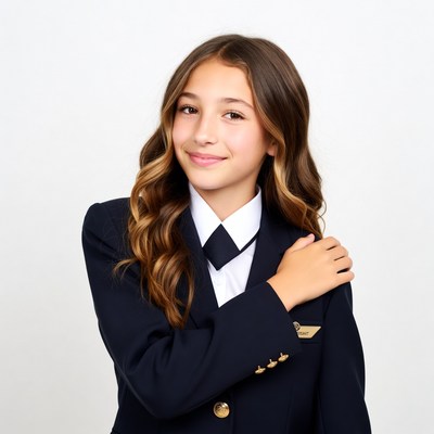 Girl in navy school uniform smiling