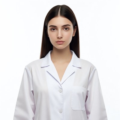 Young woman in white lab coat