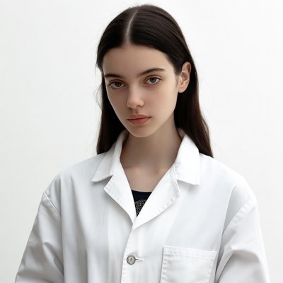 Young woman in white lab coat