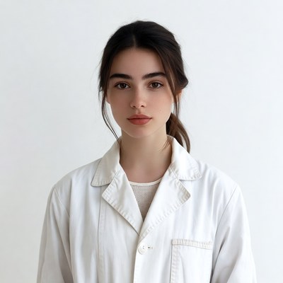 Young woman in white lab coat