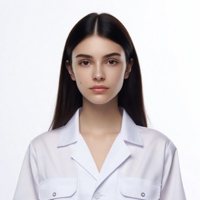 Young woman in white lab coat