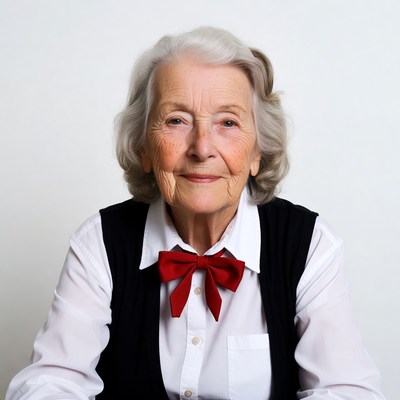 Elderly woman with red bow tie