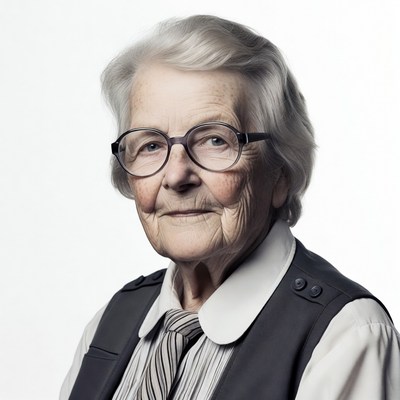 Elderly woman wearing glasses and vest