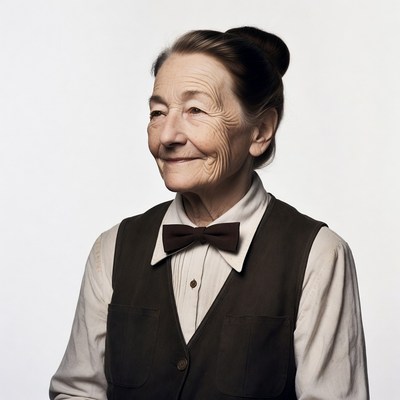Elderly woman in brown bow tie vest