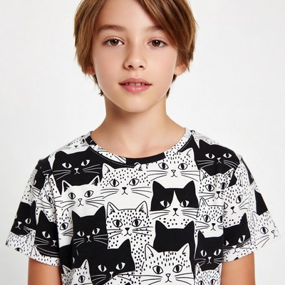 Boy wearing black and white cat t-shirt