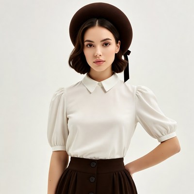 Woman in brown beret and white blouse