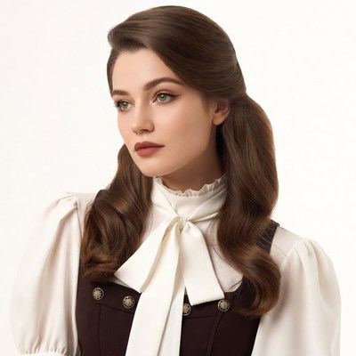 Woman in vintage blouse with pigtails