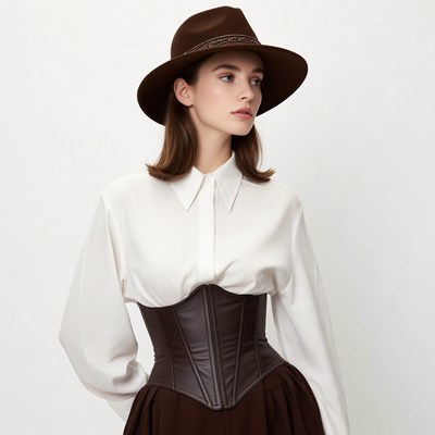 Woman in brown fedora and corset