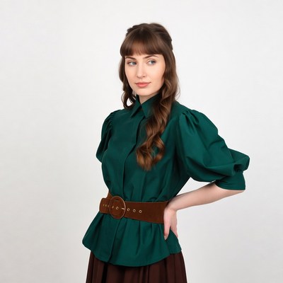 Woman in green puffed sleeve shirt