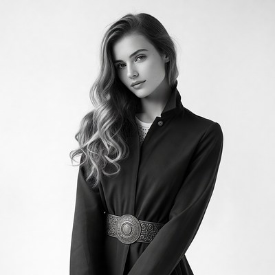 Woman in black coat with ornate belt