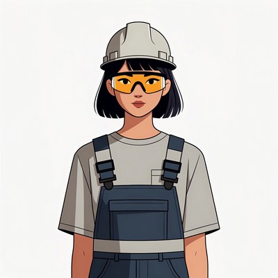 Asian woman in hard hat and overalls