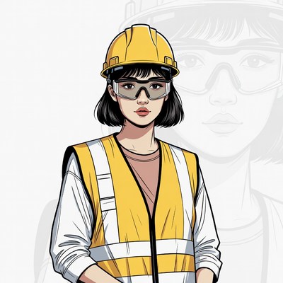 Asian woman in hard hat and vest