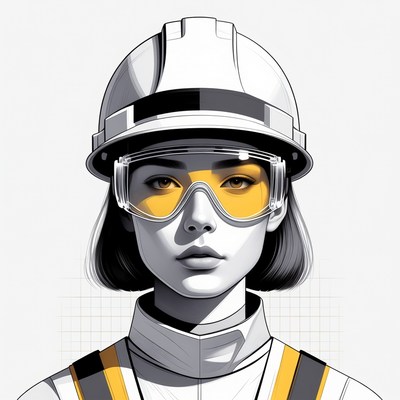 Asian woman in hard hat and goggles