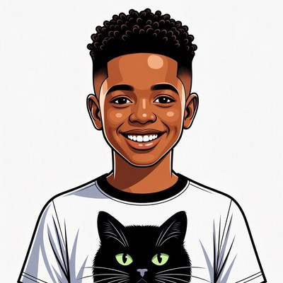 Smiling African-American boy with black cat shirt