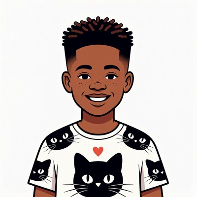 African-American boy in cat t-shirt
