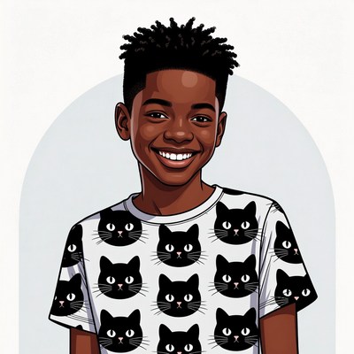 African-American boy in cat t-shirt