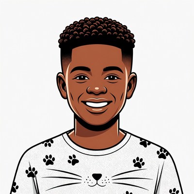 Smiling African-American boy in cat shirt
