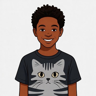 African-American boy in cat t-shirt