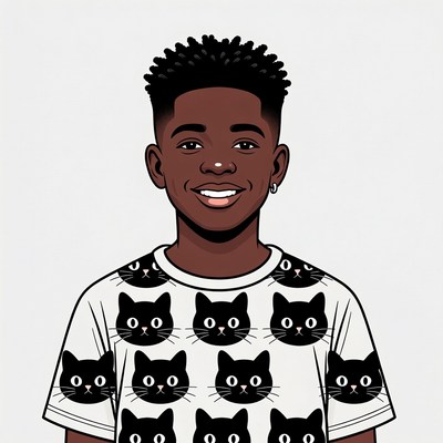Smiling African-American boy in cat t-shirt
