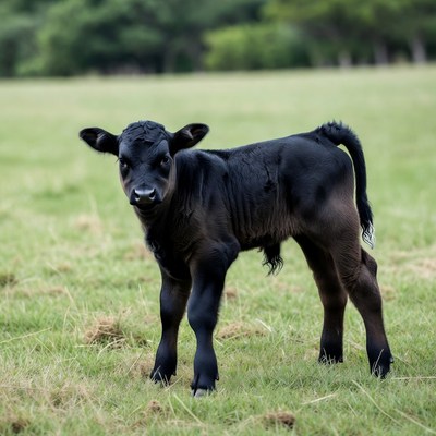 Black calf standing in green pasture