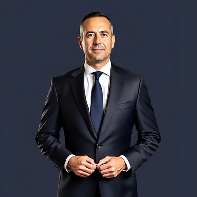 Man in navy suit smiling