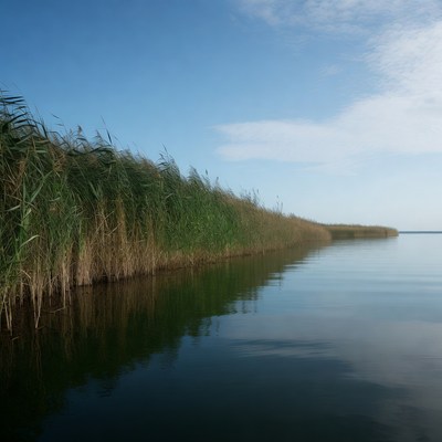 Reeds along lakeside with reflection