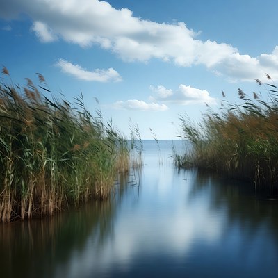 Reeds Framing Calm Lake Water