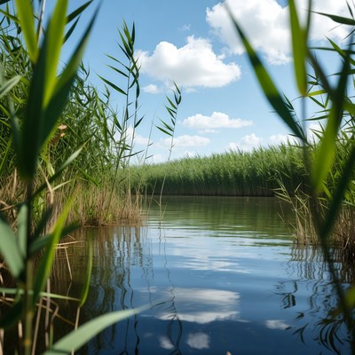 Reeds Framing Calm Lake Water