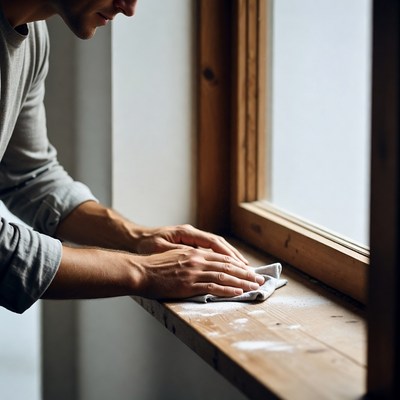 Man cleaning wooden window sill