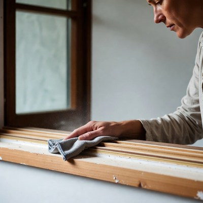Man cleaning wooden window frame