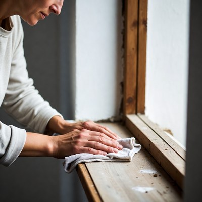 Woman cleaning wooden window sill