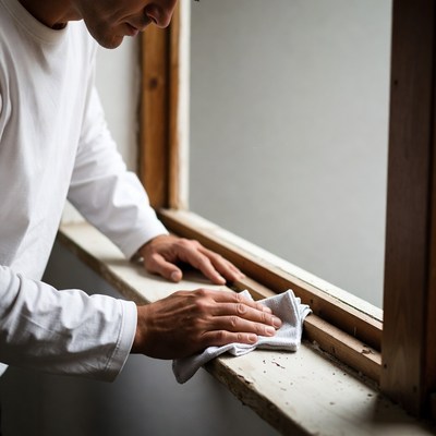 Man cleaning window with cloth