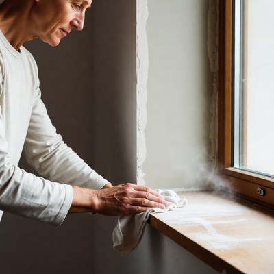 Man cleaning window sill with cloth