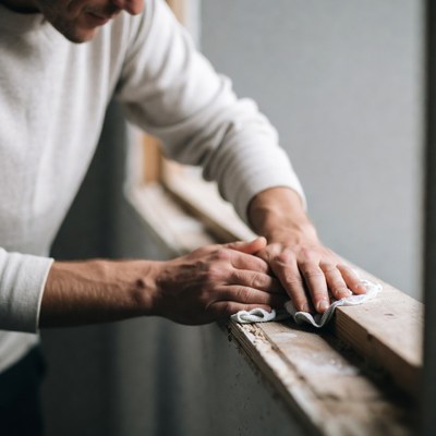 Man cleaning wooden window sill