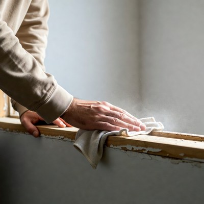 Man cleaning dusty windowsill