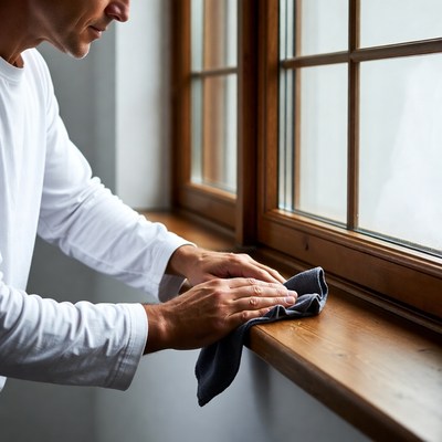 Man cleaning window with cloth