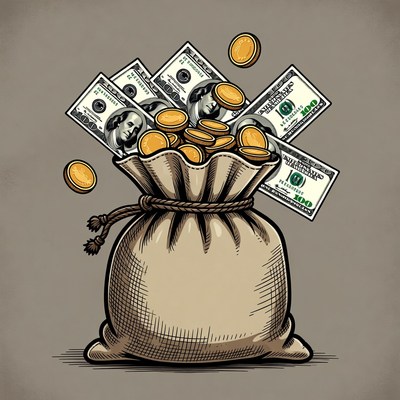 Money Bag Overflowing with Cash and Coins