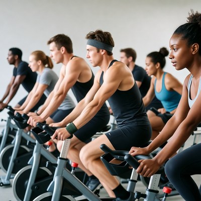 Diverse group cycling on exercise bikes