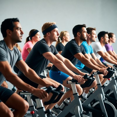 Group cycling class in gym
