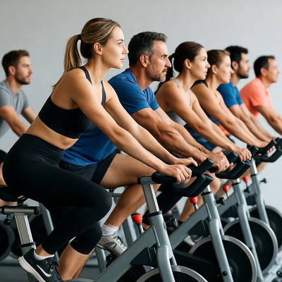 Group spinning class on exercise bikes