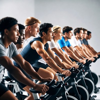 Diverse group men spinning bikes gym