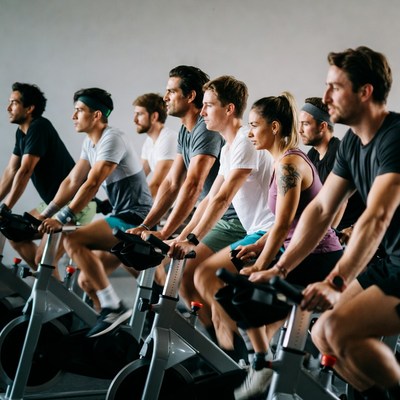 Group cycling class on spin bikes