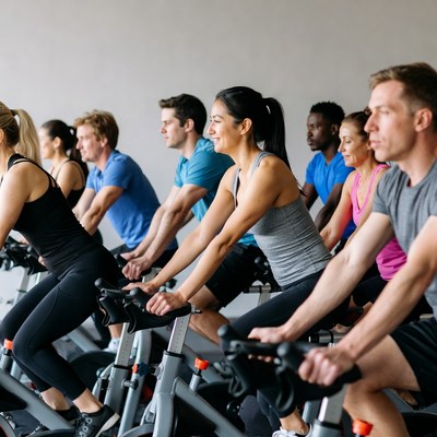 Diverse group spinning class workout