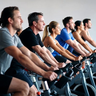 Group cycling class on spin bikes