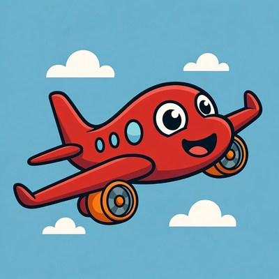Cartoon Red Airplane Flying in Sky