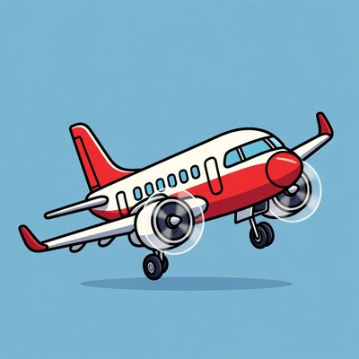 Red and white airplane landing illustration