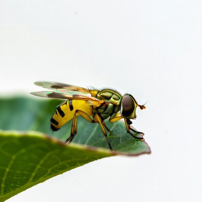 Yellow hoverfly on green leaf
