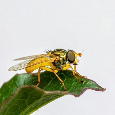 Yellow hoverfly on green leaf