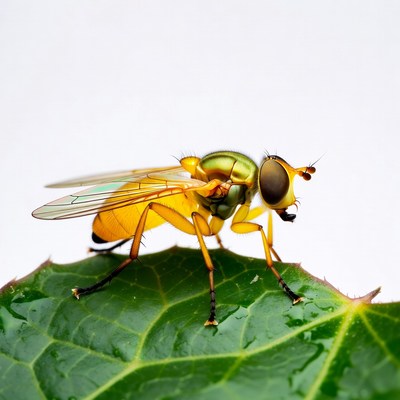 Yellow hoverfly on green leaf